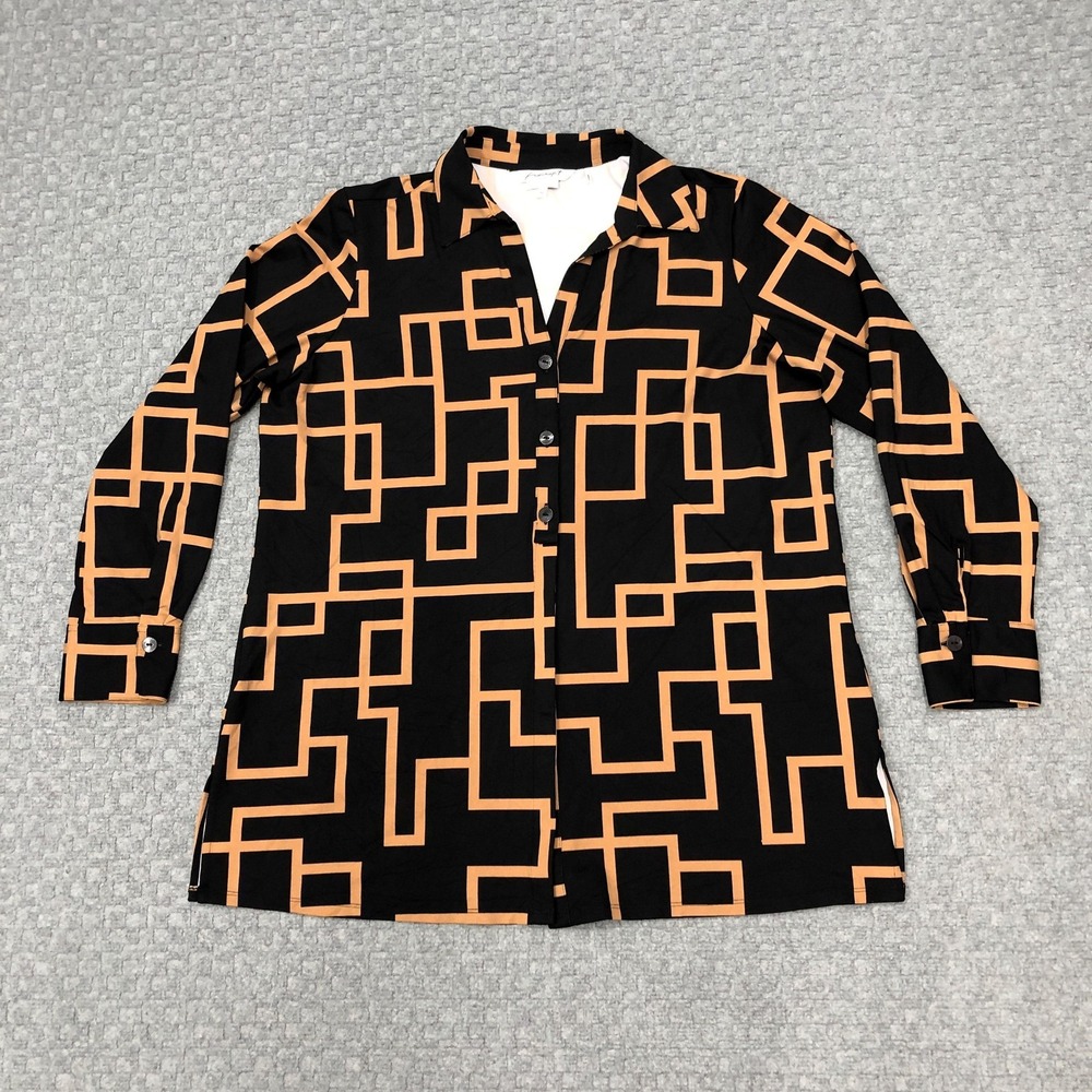 Foxcroft Shirt Womens XL Black Geometric Print Easy Care Button Tunic Stretch